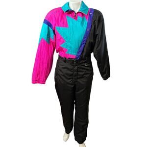 Vintage Fera Ski Snow Suit Womens Size 10 Retro 70s Neon Pink, Teal & Purple